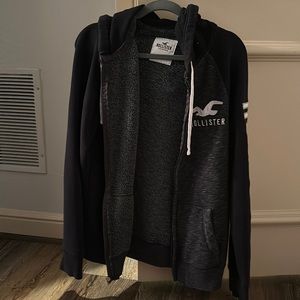 Medium Men’s Oversize Hollister Black and Grey zip up!!